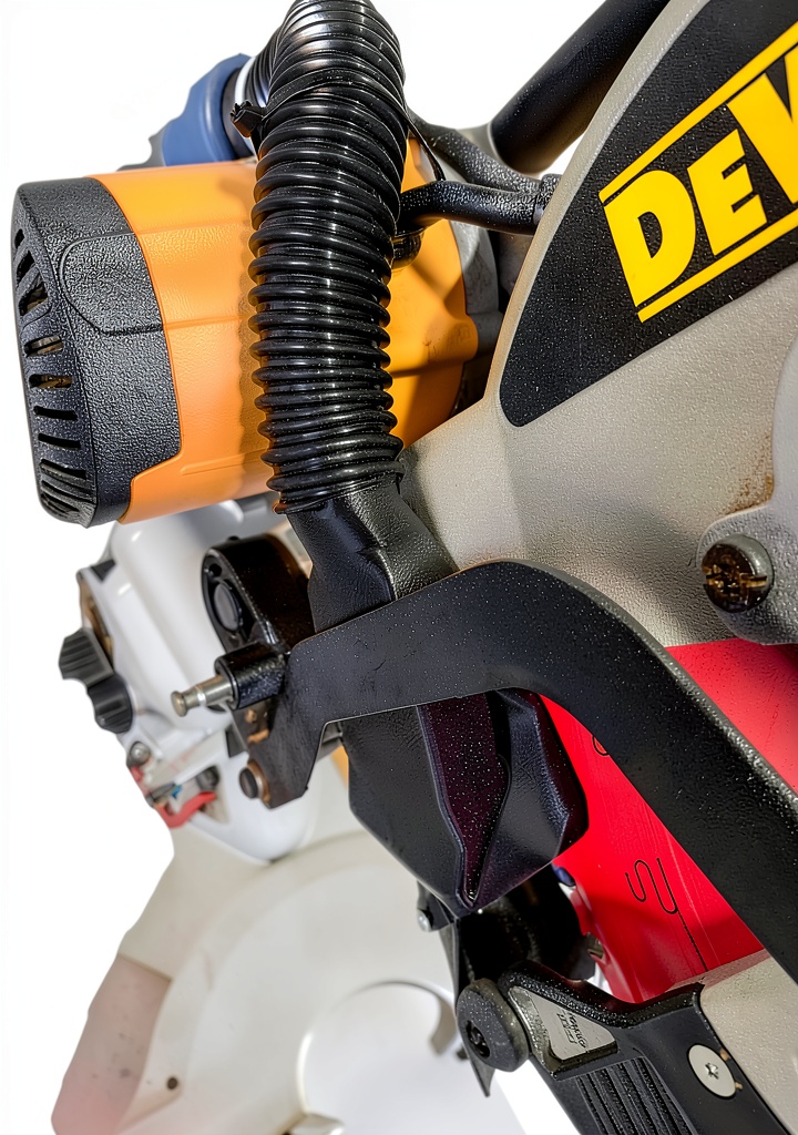JZ Wood Shop dust collection accessory attached to a DeWalt miter saw in a workshop